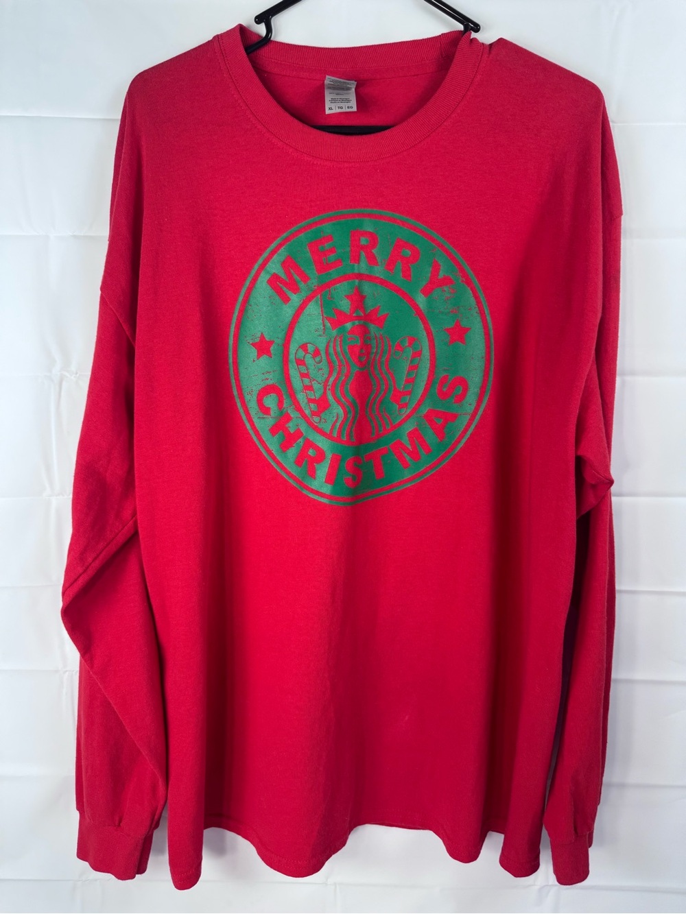 Gildan Red Long Sleeve Tee with Green Holiday Graphic